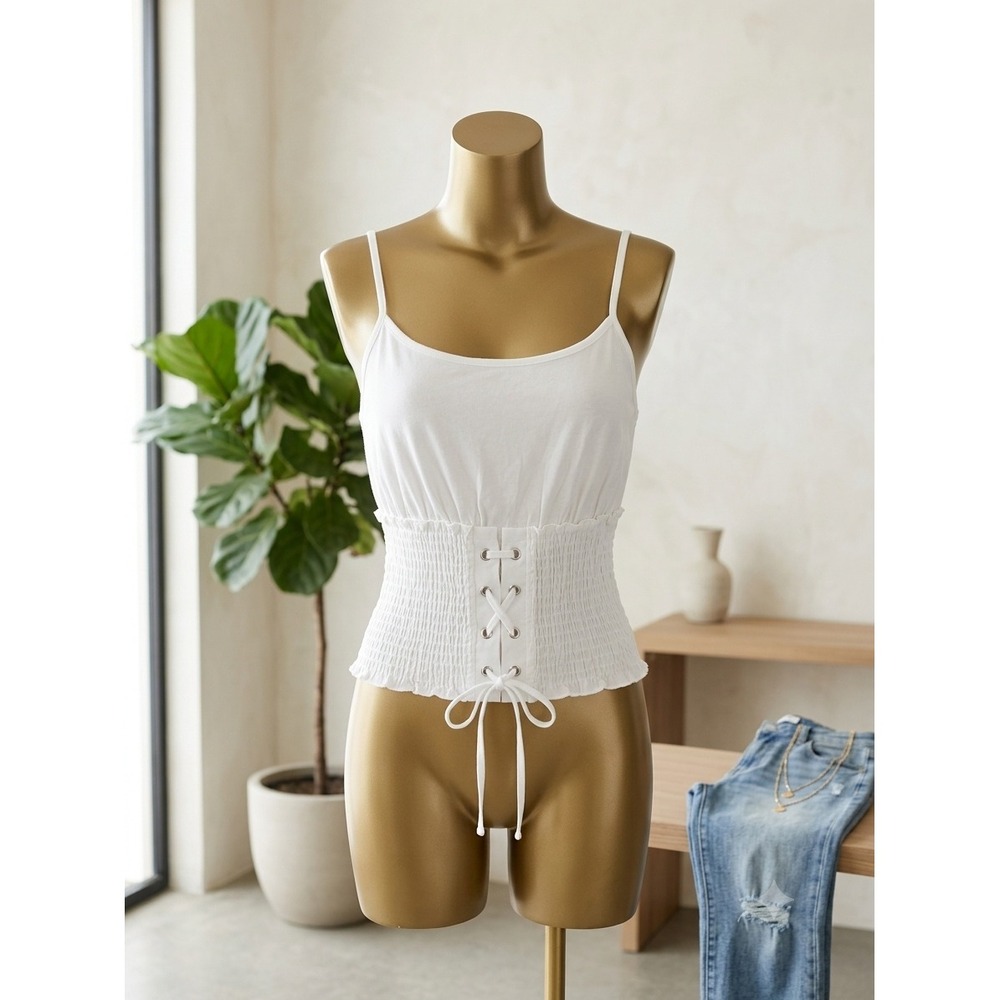 Topshop Petite White Smocked Corset Camisole Lace Up Top US 6 26N03MCRM